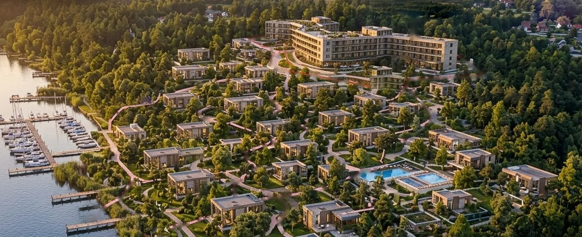 Concept visualisation of the Mazury Lake Resort by the lake — illustrative only
